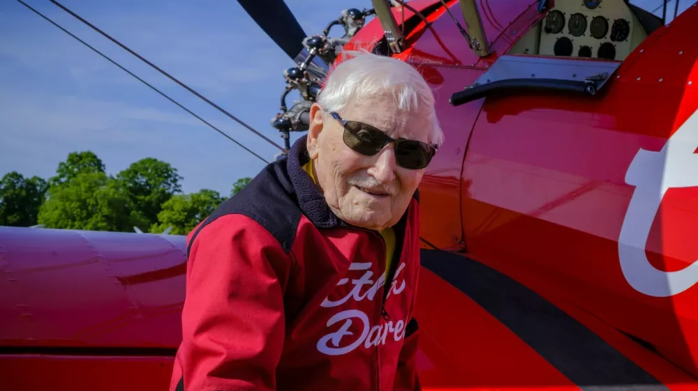 Duxford, UK, 23, May,2026 98-year-old Harry Heasman, became the oldest person to wing walk on an aircraft with the feat officially recognised by Guinness World Records at IWM Duxford Material must be credited "The Times/News Licensing" unless otherwise agreed. 100% surcharge if not credited. Online rights need to be cleared separately. Strictly one time use only subject to agreement with News Licensing,Image: 1105440207, License: Rights-managed, Restrictions: Usage is subject to our terms and conditions. Electronic storage is prohibited., Model Release: no 