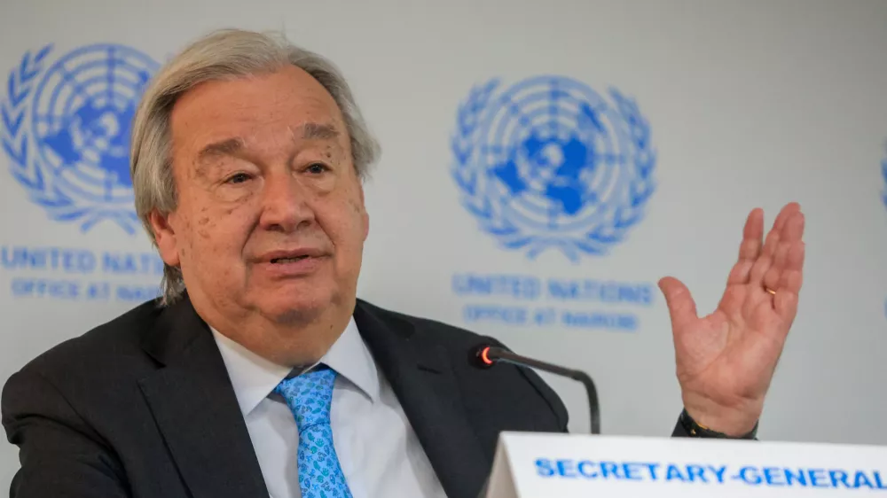 Secretary-General of the United Nations Ant&oacute;nio Guterres talks to members of the press during a groundbreaking ceremony for the expansion of the UN headquarters in Nairobi, Monday, May 11, 2026. (AP Photo/Andrew Kasuku)