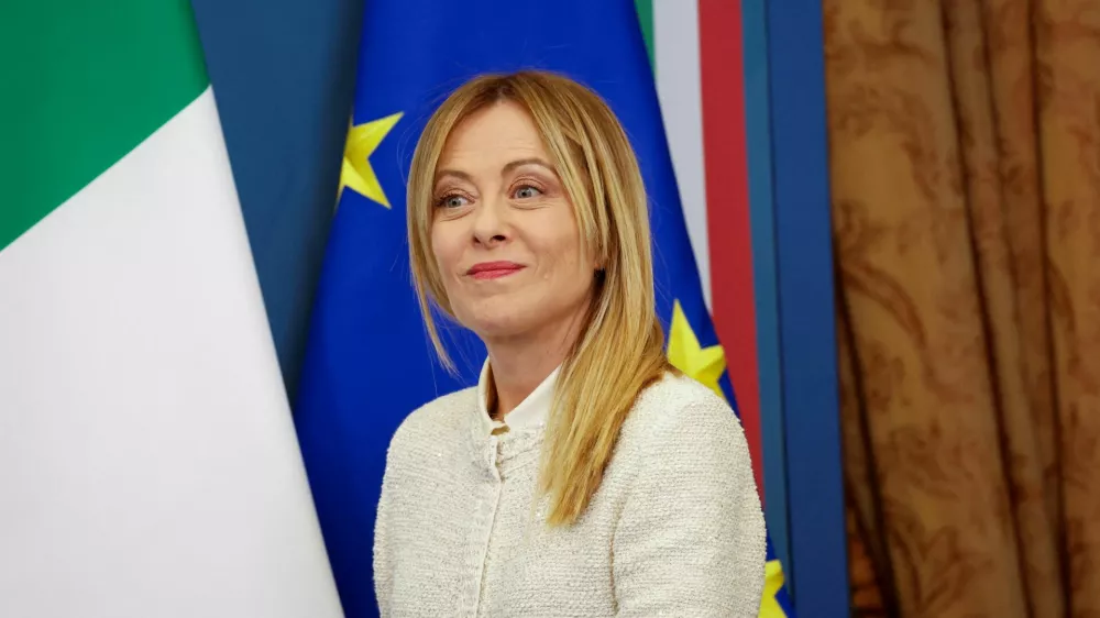 FILE PHOTO: Italy's Prime Minister Giorgia Meloni attends a press conference with Indian Prime Minister Narendra Modi at Villa Doria Pamphili, in Rome, Italy, May 20, 2026. REUTERS/Remo Casilli/File Photo