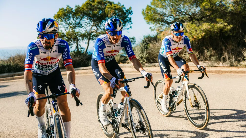 Primož Roglič, Florian Lipowitz and Remco Evenepoel of the Red Bull - BORA - hansgrohe team are photographed during a training session in Palma de Mallorca, Spain on December 8, 2025. // Maximilian Fries / Red Bull Content Pool // SI202601070267 // Usage for editorial use only // 