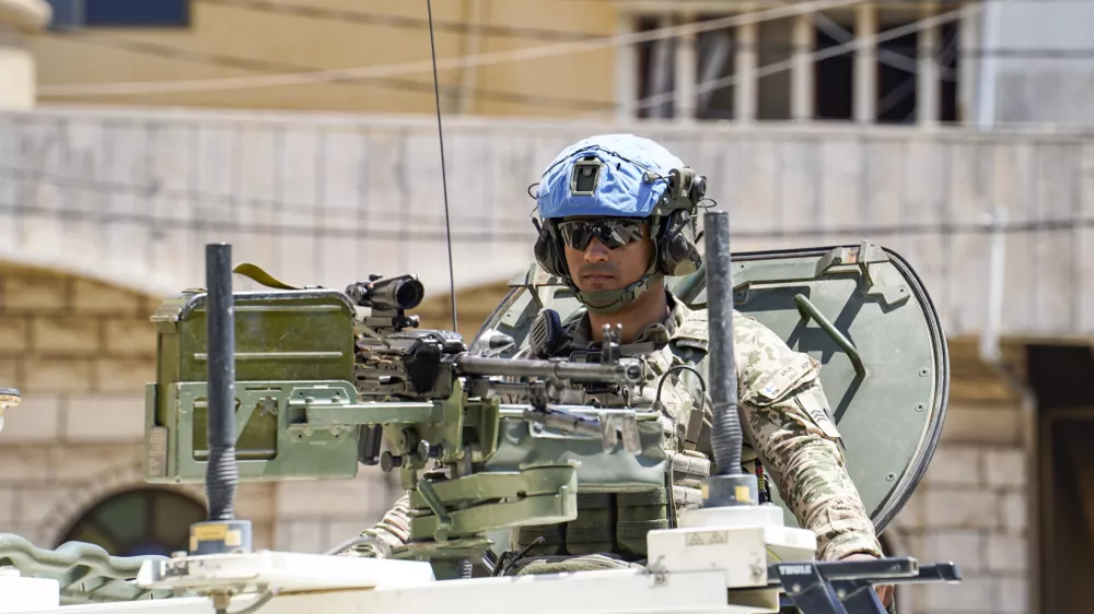 Lebanon, Borj El Chmail (Burj el Shamali), 2026-04-29. An urban patrol in an armoured vehicle by the Finnish contingent of the United Nations Interim Force in Lebanon (UNIFIL) in a town in southern Lebanon. Engaged in a peacekeeping mission under a United Nations mandate, Finnish soldiers carry out presence and surveillance operations to contribute to the security of the area and the observance of the ceasefire, in coordination with the Lebanese Armed Forces and other international contingents. Photograph by Frederic Petry / Hans Lucas.Liban, Borj El Chmail (Burj el Shamali), 2026-04-29. Patrouille en zone urbaine en vehicule blinde du contingent finlandais de la Force interimaire des Nations unies au Liban (FINUL) dans une localite du sud du Liban. Engages dans une mission de maintien de la paix sous mandat des Nations unies, les soldats finlandais assurent des operations de presence et de surveillance afin de contribuer a la securite de la zone et au respect du cessez-le-feu le long, en coordination avec les forces armees libanaises et les autres contingents internationaux. Photographie de Frederic Petry / Hans Lucas.