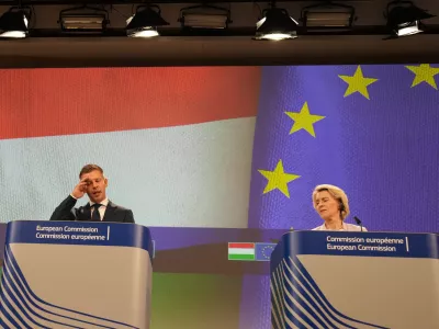 European Commission President Ursula von der Leyen, right, and Hungary's Prime Minister Peter Magyar address the media at EU headquarters in Brussels, Friday, May 29, 2026. (AP Photo/Virginia Mayo)