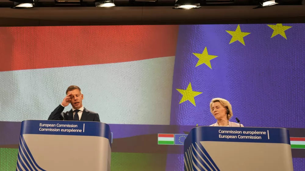 European Commission President Ursula von der Leyen, right, and Hungary's Prime Minister Peter Magyar address the media at EU headquarters in Brussels, Friday, May 29, 2026. (AP Photo/Virginia Mayo)