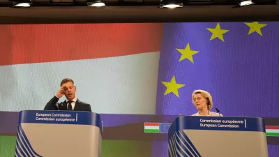 European Commission President Ursula von der Leyen, right, and Hungary's Prime Minister Peter Magyar address the media at EU headquarters in Brussels, Friday, May 29, 2026. (AP Photo/Virginia Mayo)