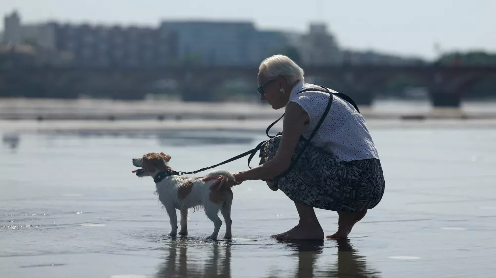 A woman tries to cool off her dog on the shallow water of the Miroir d'Eau (Mirror of Water) amid a heatwave in Bordeaux, France, May 28, 2026. REUTERS/Alice Sacco