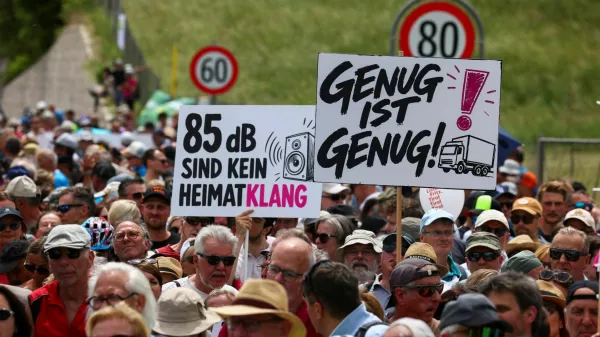 People demonstrate against the growing traffic load on the Brenner motorway between Austria and Italy, near Matrei, Austria, May 30, 2026. The banner reads "Enough is enough". REUTERS/Christian Mang