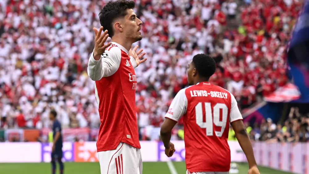Soccer Football - UEFA Champions League - Final - Paris St Germain v Arsenal - Puskas Arena, Budapest, Hungary - May 30, 2026 Arsenal's Kai Havertz celebrates scoring their first goal REUTERS/Angelika Warmuth