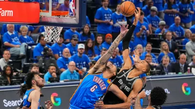 San Antonio Spurs forward Victor Wembanyama shoots against Oklahoma City Thunder forward Jaylin Williams (6) in the second half of Game 7 of the Western Conference finals of the NBA basketball playoffs series Saturday, May 30, 2026, in Oklahoma City. (AP Photo/Nate Billings)
