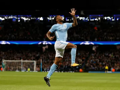 Soccer Football - Champions League - Manchester City vs S.S.C. Napoli - Etihad Stadium, Manchester, Britain - October 17, 2017  Manchester City's Raheem Sterling celebrates scoring their first goal   REUTERS/Phil Noble