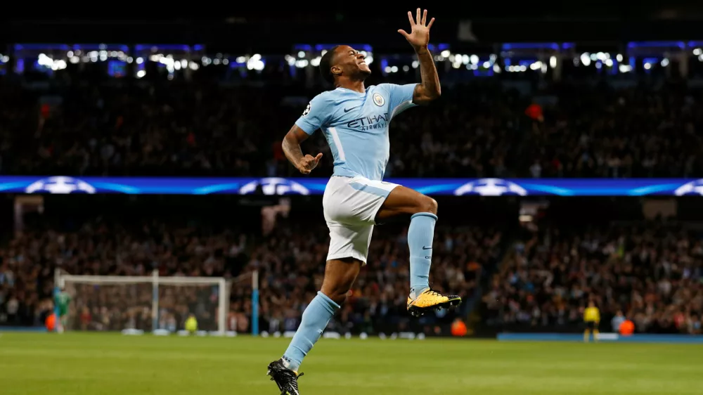 Soccer Football - Champions League - Manchester City vs S.S.C. Napoli - Etihad Stadium, Manchester, Britain - October 17, 2017  Manchester City's Raheem Sterling celebrates scoring their first goal   REUTERS/Phil Noble