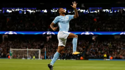 Soccer Football - Champions League - Manchester City vs S.S.C. Napoli - Etihad Stadium, Manchester, Britain - October 17, 2017  Manchester City's Raheem Sterling celebrates scoring their first goal   REUTERS/Phil Noble