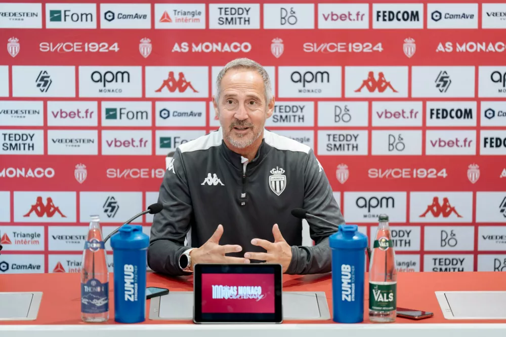 FILE - AS Monaco head coach Adi Hutter speaks during a press conference at the AS Monaco training center in La Turbie near Monaco, Dec. 5, 2024. (AP Photo/Lewis Joly, File)