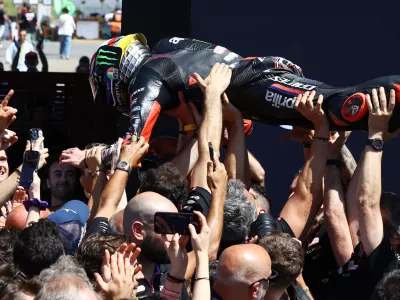 MotoGP - Italian Grand Prix - Mugello Circuit, Scarperia e San Piero, Italy - May 31, 2026 Aprilia Racing's Marco Bezzecchi celebrates after winning the MotoGP race REUTERS/Ciro De Luca