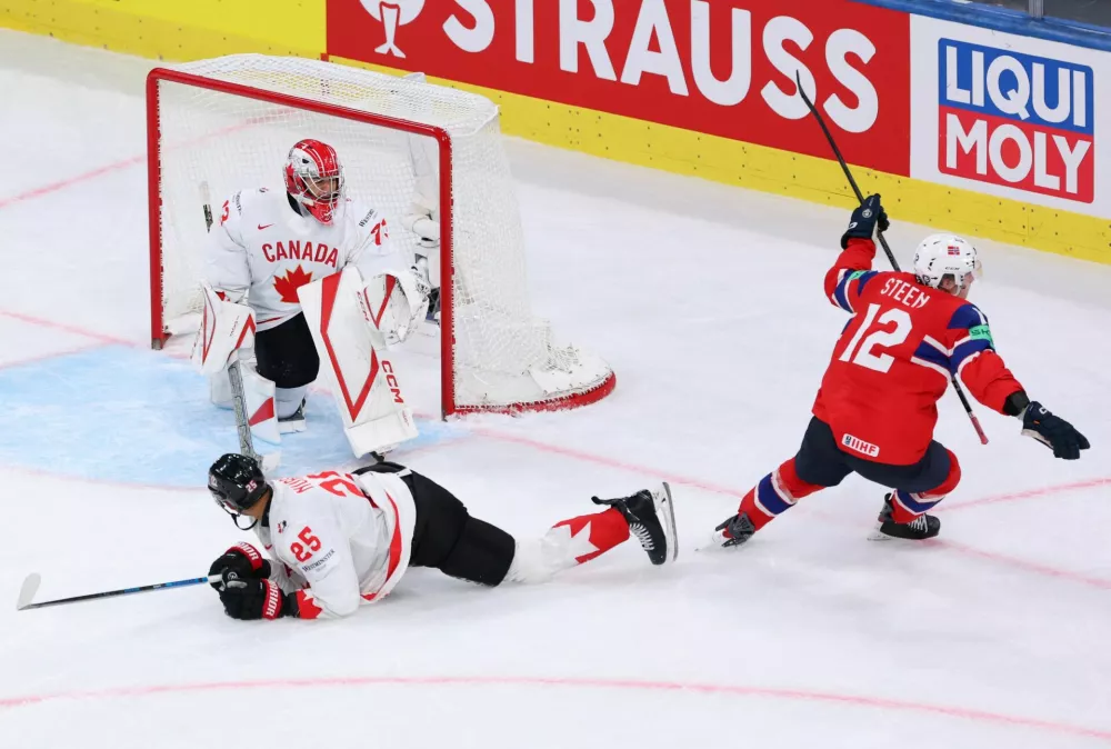 Ice Hockey - IIHF World Championships - Bronze Medal Game - Canada v Norway - Swiss Life Arena, Zurich, Switzerland - May 31, 2026 Norway's Noah Steen scores their third goal in overtime REUTERS/Denis Balibouse