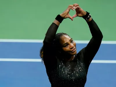 FILE - Serena Williams motions a heart to fans during the third round of the U.S. Open tennis championships, Sept. 2, 2022, in New York. (AP Photo/Frank Franklin II, file)
