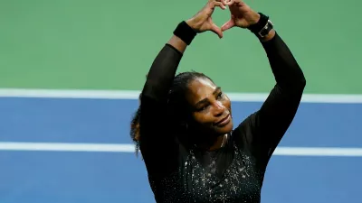 FILE - Serena Williams motions a heart to fans during the third round of the U.S. Open tennis championships, Sept. 2, 2022, in New York. (AP Photo/Frank Franklin II, file)