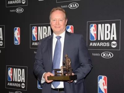 June 24, 2019; Los Angeles, CA, USA; Milwaukee Bucks head coach Mike Budenholzer poses with his coach of the year award at the 2019 NBA Awards show at Barker Hanger. Mandatory Credit: Gary A. Vasquez-USA TODAY Sports