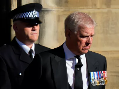 FILE - Prince Andrew leaves St. Giles Cathedral after the arrival of the coffin containing the remains of his mother Queen Elizabeth, in Edinburgh, Scotland, Sept. 12, 2022. (AP Photo/Petr David Josek, File)