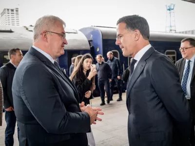 Ukrainian Foreign Minister Andrii Sybiha welcomes NATO Secretary General Mark Rutte after his arrival at a central railway station, amid Russia's attack on Ukraine, in Kyiv, Ukraine, June 3, 2026. Press Service of the Ministry of Foreign Affairs of Ukraine/Handout via REUTERS ATTENTION EDITORS - THIS IMAGE HAS BEEN SUPPLIED BY A THIRD PARTY.