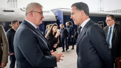 Ukrainian Foreign Minister Andrii Sybiha welcomes NATO Secretary General Mark Rutte after his arrival at a central railway station, amid Russia's attack on Ukraine, in Kyiv, Ukraine, June 3, 2026. Press Service of the Ministry of Foreign Affairs of Ukraine/Handout via REUTERS ATTENTION EDITORS - THIS IMAGE HAS BEEN SUPPLIED BY A THIRD PARTY.
