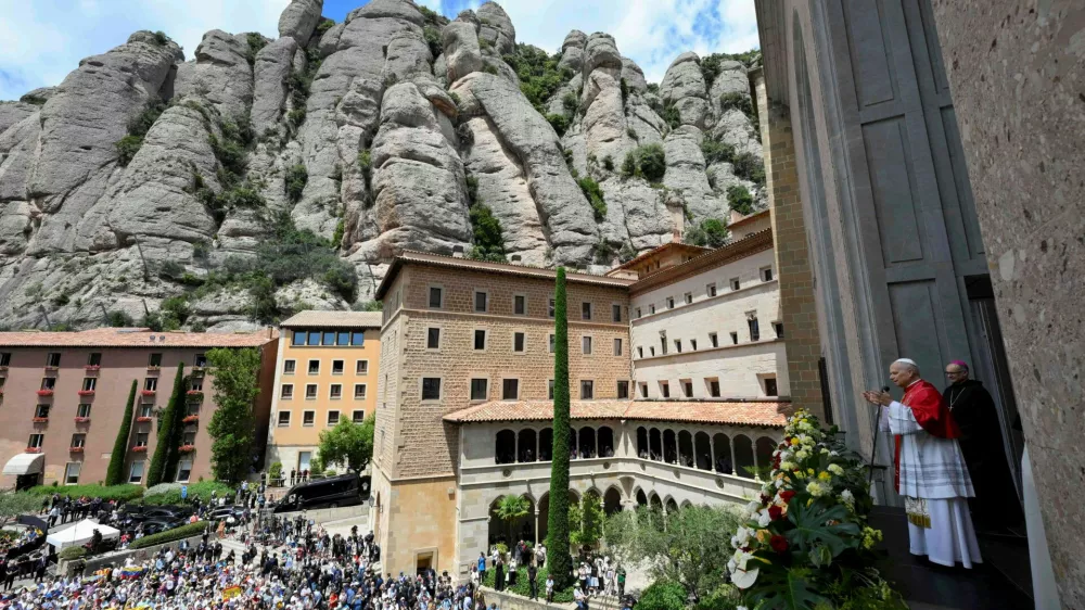 Pope Leo XIV addresses crowds at the Our Lady of Montserrat Abbey, during his apostolic journey, in Montserrat, Spain, June 10, 2026. Simone Risoluti /Vatican Media/&shy;Handout via REUTERS ATTENTION EDITORS - THIS IMAGE WAS PROVIDED BY A THIRD PARTY.