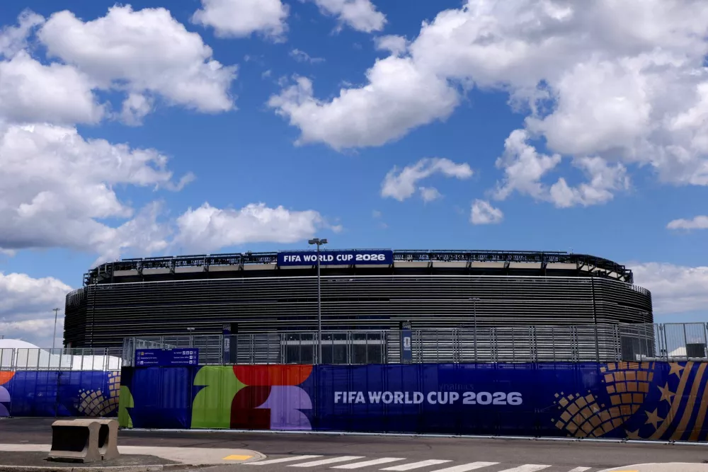 FILE PHOTO: A general view of MetLife Stadium, temporarily renamed New York New Jersey Stadium, which will host 8 FIFA World Cup 2026 matches, including the World Cup Final, in East Rutherford, New Jersey, U.S., June 1, 2026. REUTERS/Mike Segar/File Photo
