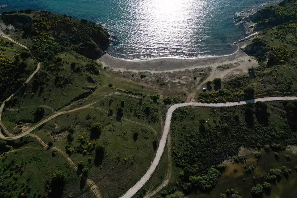 A drone view of the bay of Zvernec in the Vjosa-Narte protected area where a luxury resort is planned by a company linked with Donald Trump's son-in-law Jared Kushner, near Vlora, Albania, May 31, 2026. REUTERS/Florion Goga