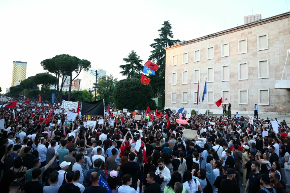 People protest against a luxury resort a plan by a company linked with Donald Trump's son-in-law Jared Kushner in a protected area, in Tirana, Albania, June 2, 2026. REUTERS/Florion Goga