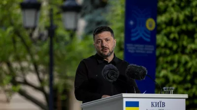Ukrainian President Volodymyr Zelenskiy speaks during a joint press conference with NATO Secretary General Mark Rutte after talks, amid Russia's attack on Ukraine, in Kyiv, Ukraine, June 3, 2026. REUTERS/Thomas Peter