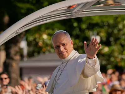 Pope Leo XIV arrives in the popemobile at Plaza de Cibeles for a Holy Mass and Corpus Christi procession in Madrid, Spain, Sunday, June 7, 2026, on the second day of his seven-day apostolic visit to mainland Spain and the Canary Islands. (AP Photo/Bernat Armangue)