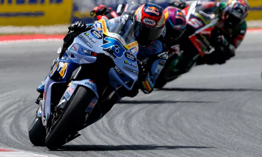 Spain's rider Alex Marquez of the BK8 Gresini Racing MotoGP steers his motorcycle during the MotoGP race of the Grand Prix of Catalunya in Montmelo, near Barcelona, Spain, Sunday, May 17, 2026. (AP Photo/Joan Monfort)