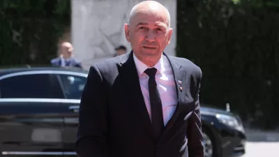Slovenia's Prime Minister Janez Jansa arrives to attend the EU-Western Balkans summit in Tivat, Montenegro, Friday, June 5, 2026. (AP Photo/Risto Bozovic)