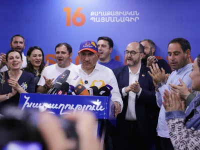 Armenian Prime Minister Nikol Pashinyan speaks at his Armenia Ruling Civil Contract party headquarters after parliamentary elections in Yerevan, Armenia, Monday, June 8, 2026. (AP Photo/Anthony Pizzoferrato)
