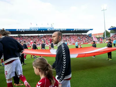 Denmark's Christian Eriksen takes to the field for his 150th match, an international football game with Ukraine, in Odense, Denmark, Sunday, June 7, 2026. (Bo Amstrup/Ritzau Scanpix via AP)
