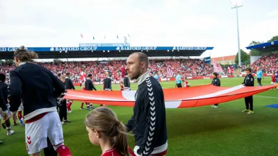Denmark's Christian Eriksen takes to the field for his 150th match, an international football game with Ukraine, in Odense, Denmark, Sunday, June 7, 2026. (Bo Amstrup/Ritzau Scanpix via AP)