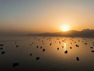 FILE PHOTO: A drone view of vessles anchored in the Strait of Hormuz as seen from Musandam, Oman, June 3, 2026. REUTERS/Stringer/File Photo