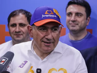 Armenian Prime Minister Nikol Pashinyan speaks at his Armenia Ruling Civil Contract party headquarters after parliamentary elections in Yerevan, Armenia, Monday, June 8, 2026. (AP Photo/Anthony Pizzoferrato)