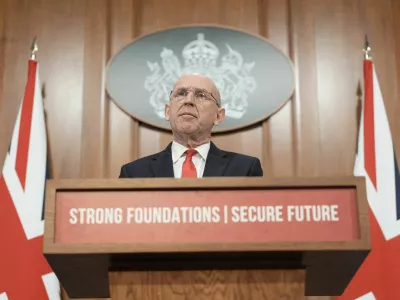 FILE PHOTO: British Defence Secretary John Healey delivers a speech on how the UK's defence industry is delivering growth and national renewal across the UK, at No 9 Downing Street in central London. Picture date: Wednesday November 19, 2025.  Stefan Rousseau/Pool via REUTERS/File Photo