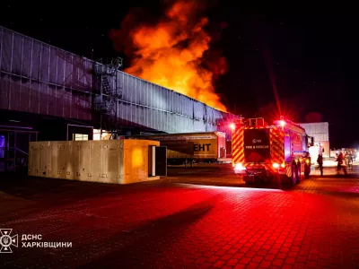 Firefighters work at a site of a sorting centre of Ukraine's national post hit by a Russian drone strike, amid Russia's attack on Ukraine, in Kharkiv, Ukraine in this handout picture released June 8, 2026. Press service of the State Emergency Service of Ukraine in Kharkiv region/Handout via REUTERS ATTENTION EDITORS - THIS IMAGE HAS BEEN SUPPLIED BY A THIRD PARTY. WATERMARK FROM SOURCE. MANDATORY CREDIT. BEST QUALITY AVAILABLE.