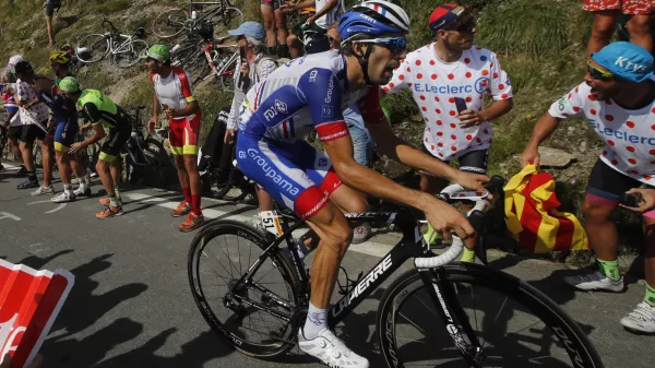 France's Thibaut Pinot climbs the Tourmalet pass during the fourteenth stage of the Tour de France cycling race over 117.5 kilometers (73 miles) with start in Tarbes and finish at the Tourmalet pass, France, Saturday, July 20, 2019. (AP Photo/ Christophe Ena)