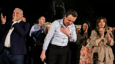 Kosovo's acting Prime Minister and Levizja Vetevendosje (Movement for Self-Determination) party leader Albin Kurti bows as he addresses supporters following a snap parliamentary election, in Pristina, Kosovo, June 8, 2026. REUTERS/Valdrin Xhemaj   TPX IMAGES OF THE DAY