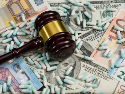 Wood judge's gavel and scattered colorful drugs on the dollar and euro cash background, drugs falsification, concept for medical negligence, bail. Overhead view.