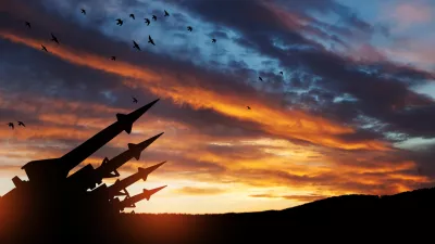 The missiles are aimed at the sky at sunset. Nuclear bomb, chemical weapons, missile defense, a system of salvo fire.