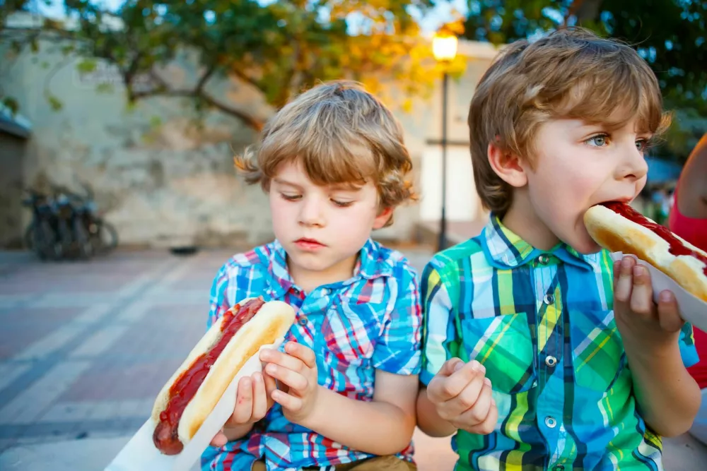 Two little kid boys eating hot dogs outdoors. Siblings enjoying their meal. Hotdog as nhealthy food for children. / Foto: Romrodinka