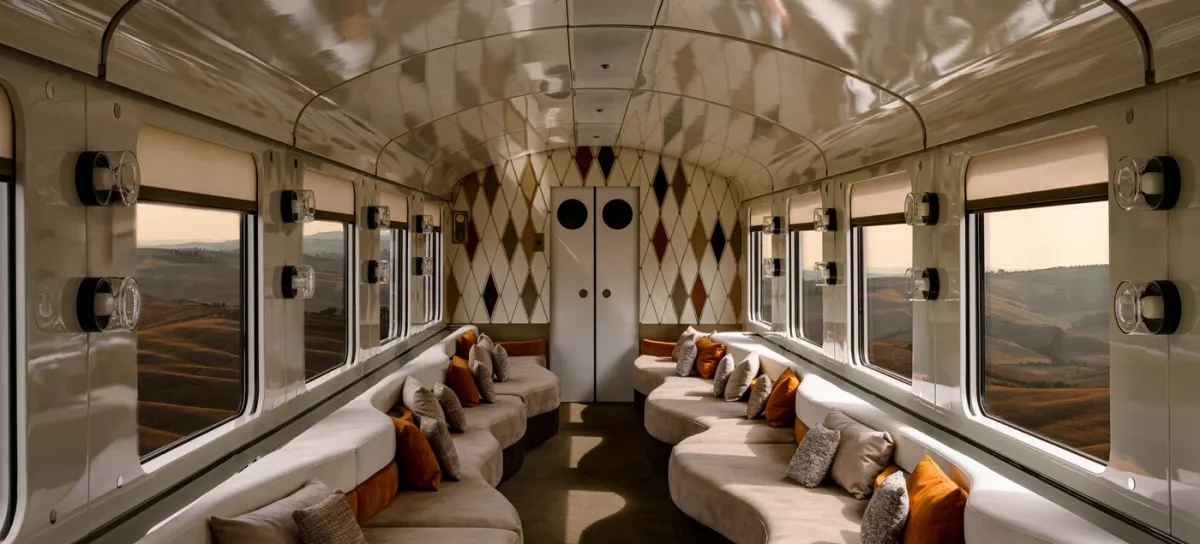 Orient ekspres Dolce Vita je sodoben vlak, a opremljen v slogu obdobja &raquo;dolce vita&laquo;: medeninasti detajli, lesene obloge, bogate tkanine in elegantno pohi&scaron;tvo &hellip; / Foto: Profimedia
