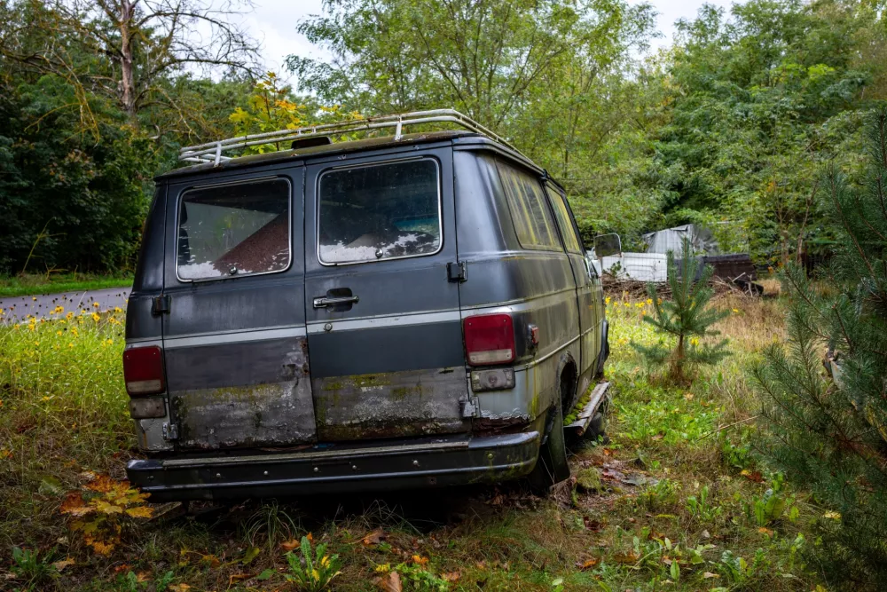 The vehicle eaten away by rust and covered in moss. / Foto: Istock
