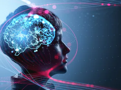 Young boy in profile with glowing digital brain network overlay, futuristic graphic style, dark blue background, concept of intelligence and learning / Foto: Ismagilov
