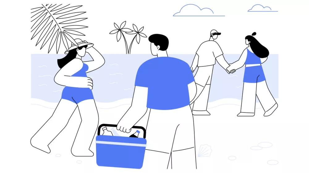 Walking at the beach isolated cartoon vector illustrations. Couples walking along the coast, walk on a beach, summer vacation, friends travelling together, happy holidays vector cartoon. / Foto: Visual Generation Getty Images