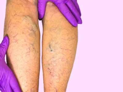 Lower limb vascular examination because suspect of venous insufficiency. The female legs on pink background / Foto: Marina113
