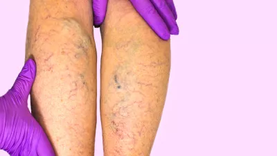Lower limb vascular examination because suspect of venous insufficiency. The female legs on pink background / Foto: Marina113